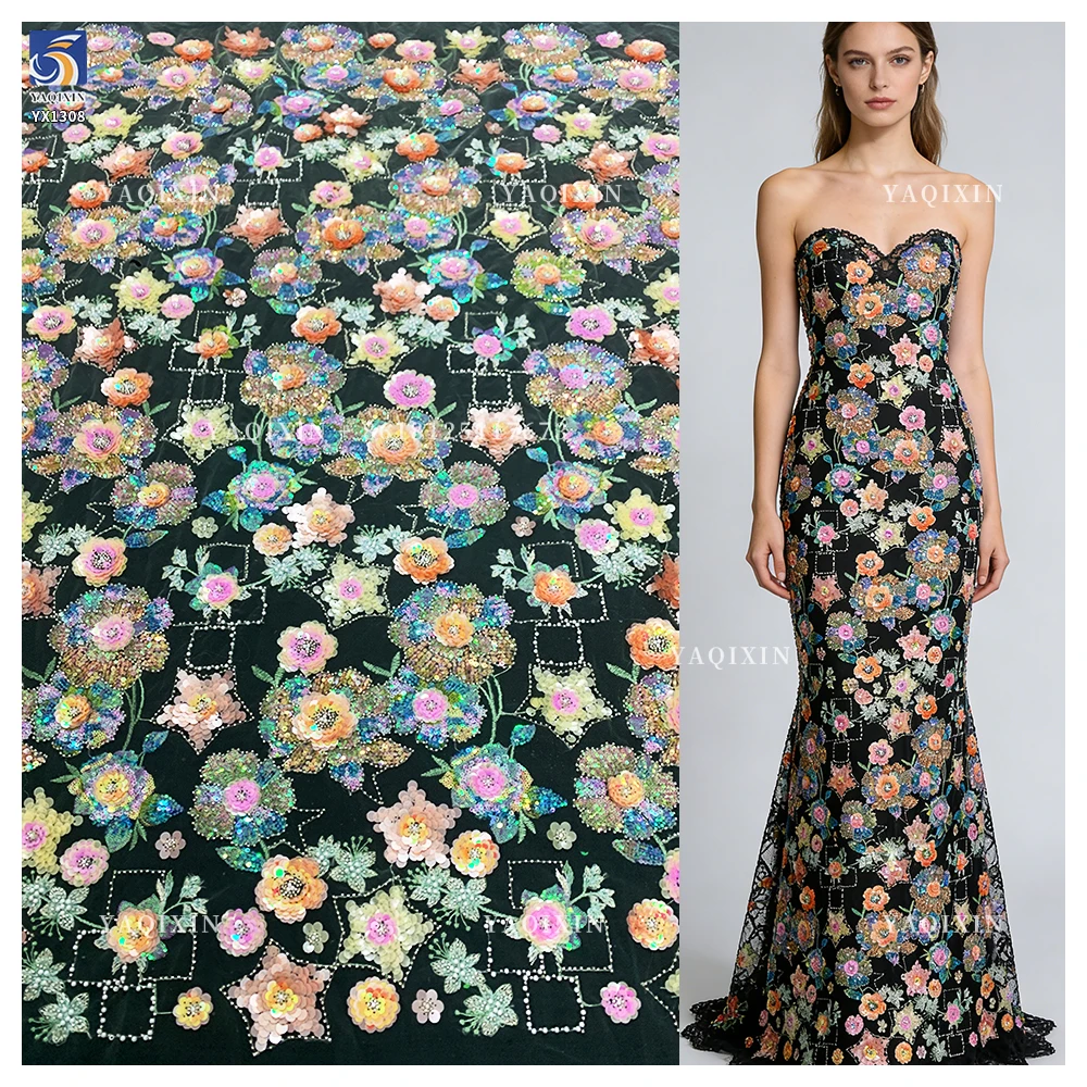 YX1308 3D Florals Colored Sequin Embroidered Mesh Fabric for Spring/Summer Dress Heavy Embroidery Pearls Glitter Sequin Fabric