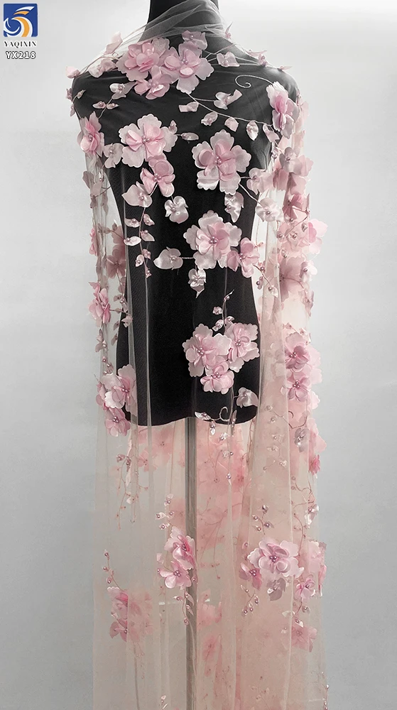 YX218 Hot Selling Wholesale Price Pearl Embroidery Handmade 3D Flower Fabric Polyester Mesh Dress Fabric - 图片 5