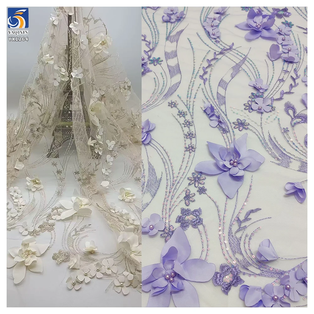 YX1264 Latest Design in China Pearl 3D Embroidery Lavender Purple Fabric 5 Yards Purple Flowers Mesh Fabric With Sequins - 图片 6