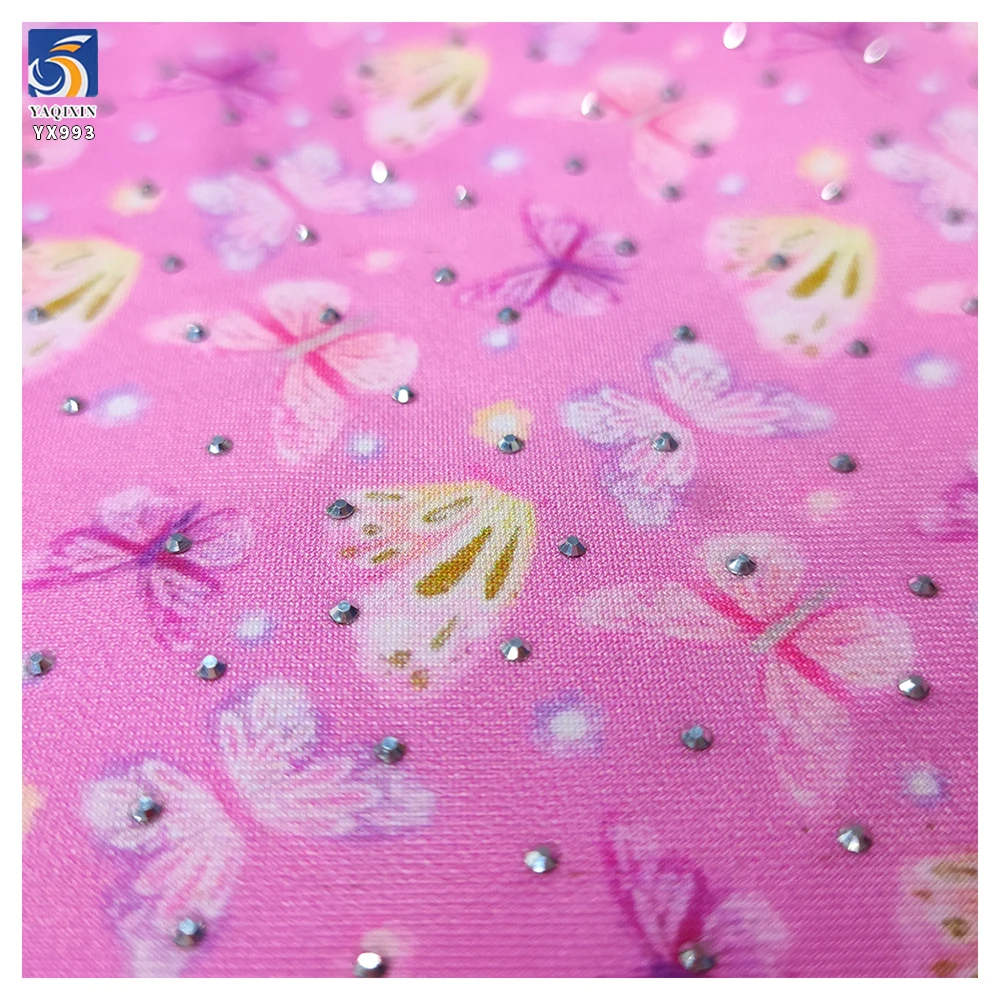 YX993 92% Polyester 8% Spandex Stretch Yoga Swim Fabric With 3D Glass Diamonds Custom Patterns Butterfly Print Stretch Fabric - 图片 4