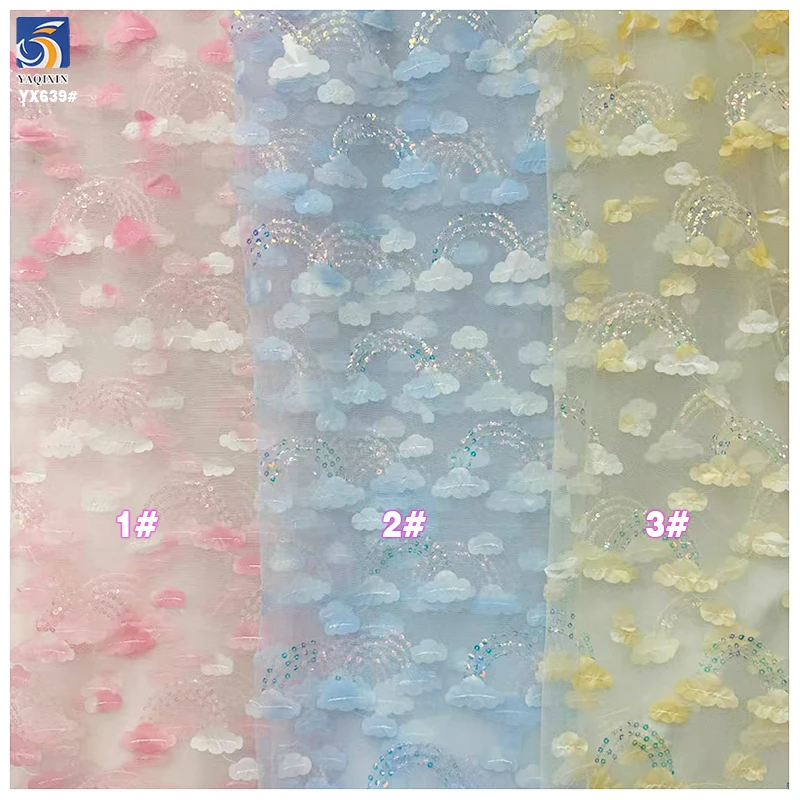 YX639 3D Embroidered Love Heart and Rainbow Bridge Sequined Tulle Fabric for Children's Clothing Valentine's Day Fabric - 图片 6