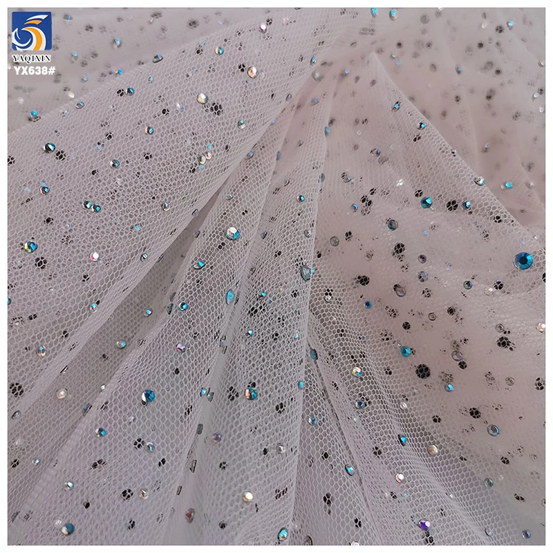 YX638 High-end 100 Polyester Wedding Bride 3D Rhinestone Crystal Diamond Mesh Fabric Tulle - 图片 6