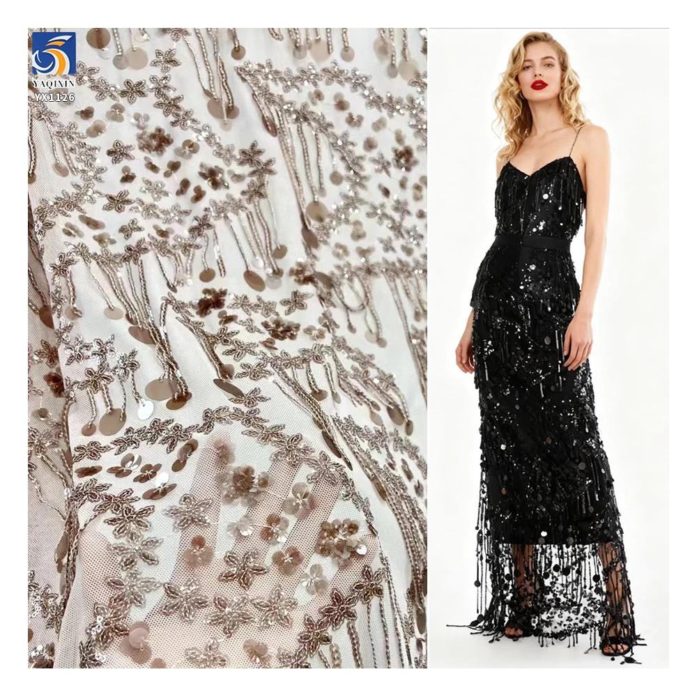 YX1126 Manufacturer Fringed 400gsm Heavy Sequin Fabric Five-Pointed Star Florals Shaped 3D Sequin Mesh Dress Fabric