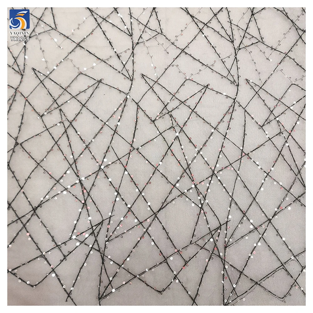 YX1268 2026 Customized 2 Yards Cross Embroidery 3MM Black Sequin Tulle Fabric for Dress Knitted Mesh Fabric With Sequins - 图片 2