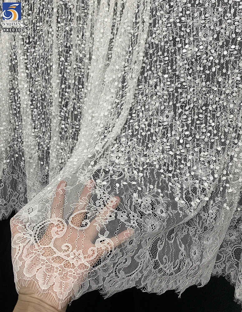 YX1030 300CM*150CM Eyelash White Wedding Bridal Lace Fabrics Heavyweight Beaded Sequin Embroidery Lace Fabrics White - 图片 6