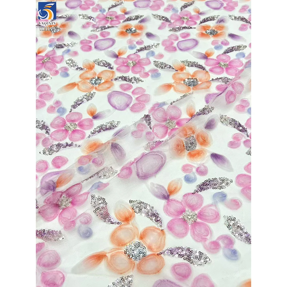 YX1125 Cheap French Style Multicolor Digital Printing Florals Tulle Embroidery Fabric With Silver Sequins Tulle 5 Yards - 图片 6