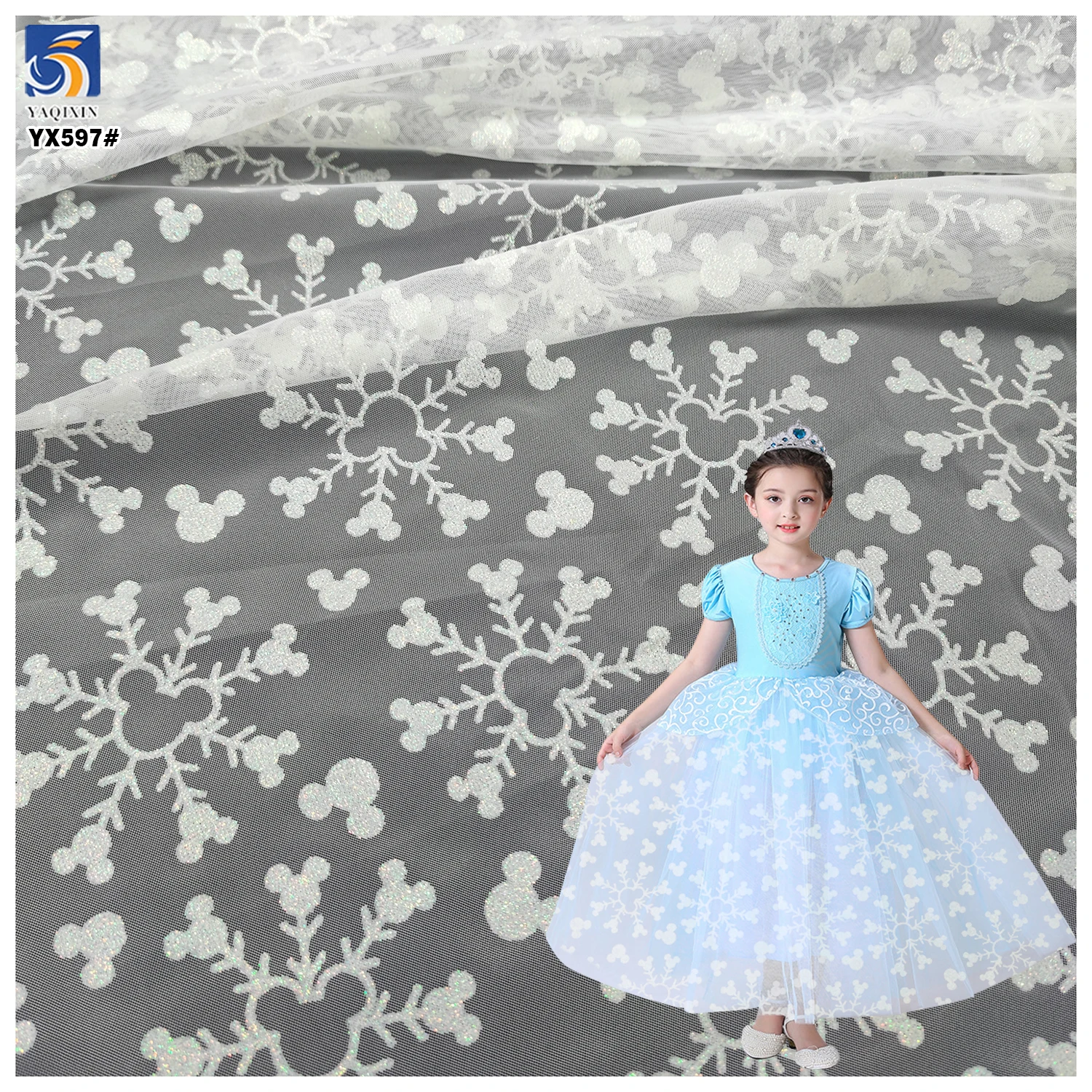 YX597 Black Friday Christmas Tulle Fabric Mic-key and White Snowflake Glitter Fabric Tulle for Kids Dress - 图片 4