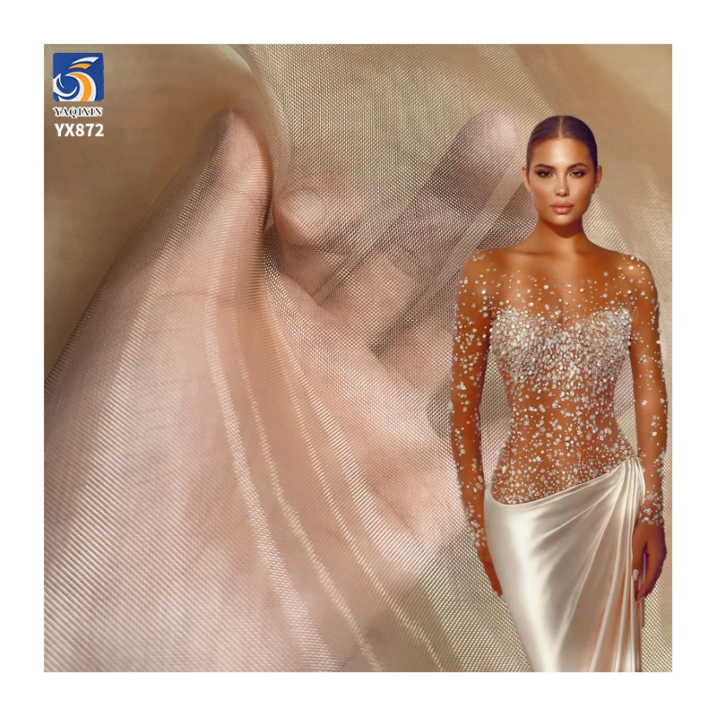 YX872 High Quality 60D High-Density Mesh 100% Nylon Hard Mesh Fabric Knitted Twill Square Mesh Wedding Dress Fabric
