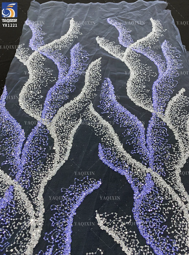 YX1221 New Arrival Flash Crystal Sequin Mesh Fabric Wavy Beaded Embroidery Lace Glitter Fabric for Mermaid Dress Gowns - 图片 2