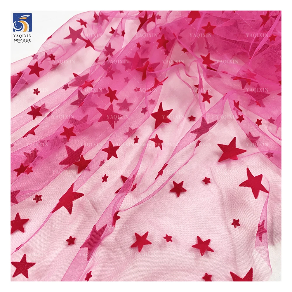 YX1113 High Quality 40g Lightweight Pink Tulle Flocking Five-Pointed Stars Fabric Stars Mesh Tulle Fabric for Girls Skirts - 图片 6
