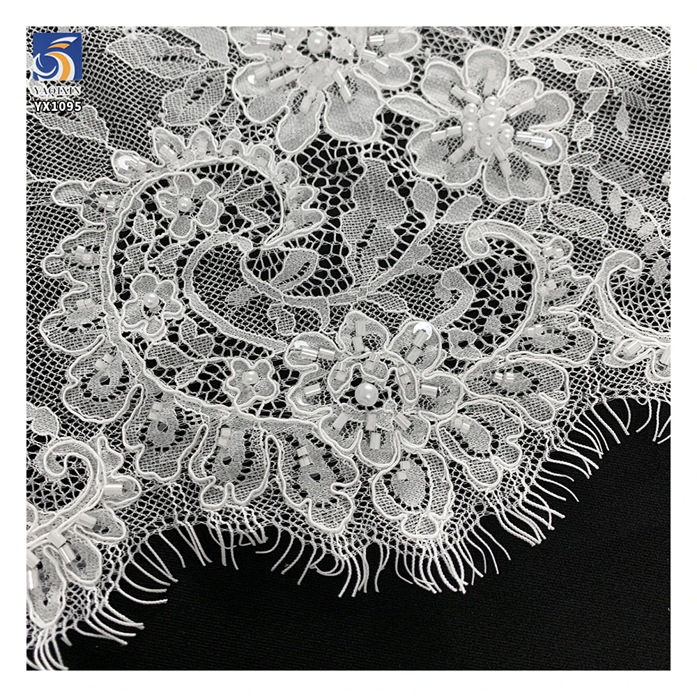 YX1095 Heavy Bridal Lace Fabric Beaded Luxury Fabric in White Polyester Bead Tube Pearl Embroidery Net Mesh Eyelash Lace Fabric - 图片 4