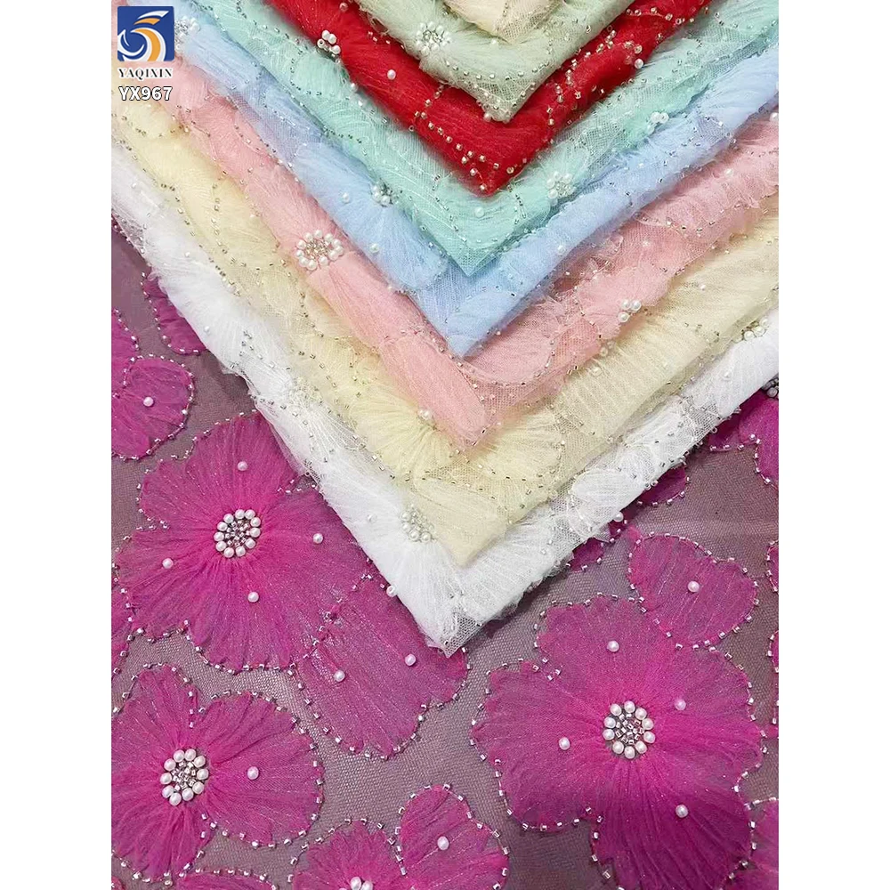 YX967-2 Cheap and Low-Priced 3D Flowers Plain Embroidery Tulle Mesh Fabric With White Pearls 3D Tulle Dress Fabrics for Girl - 图片 3