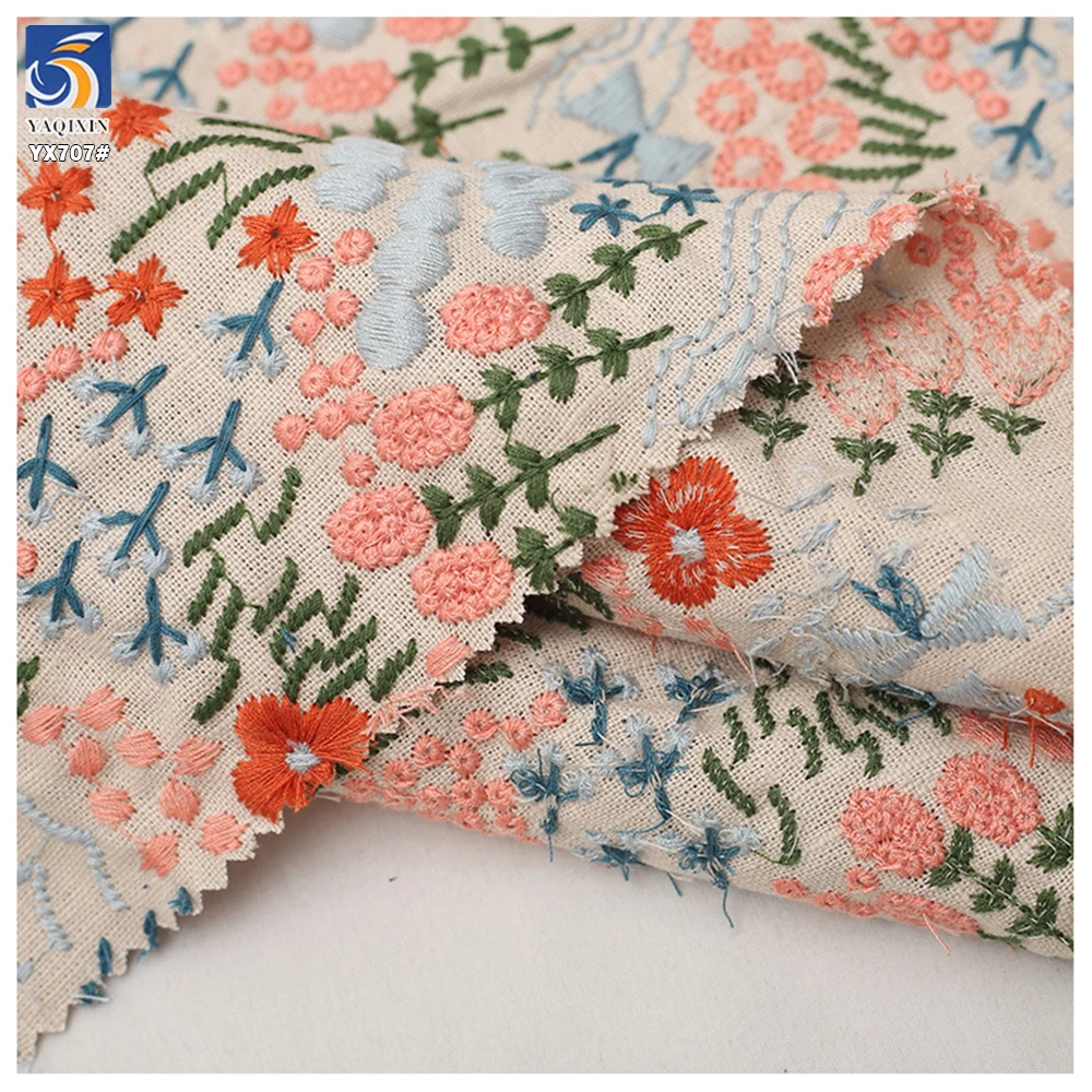 YX707 French Fashion Colorful Florals Embroidery Cotton Fabric 250gsm Ramie Cotton Embroidery Fabric for Home Textile - 图片 3