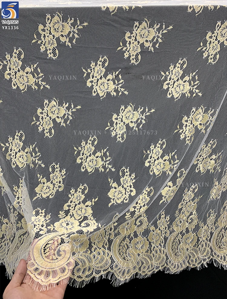 YX1336 3m*1.5m New Product Launch 2026 Eyelash Lace Fabric Gold Thread Mesh Tulle Lace Embroidered Fabric for Garment - 图片 6