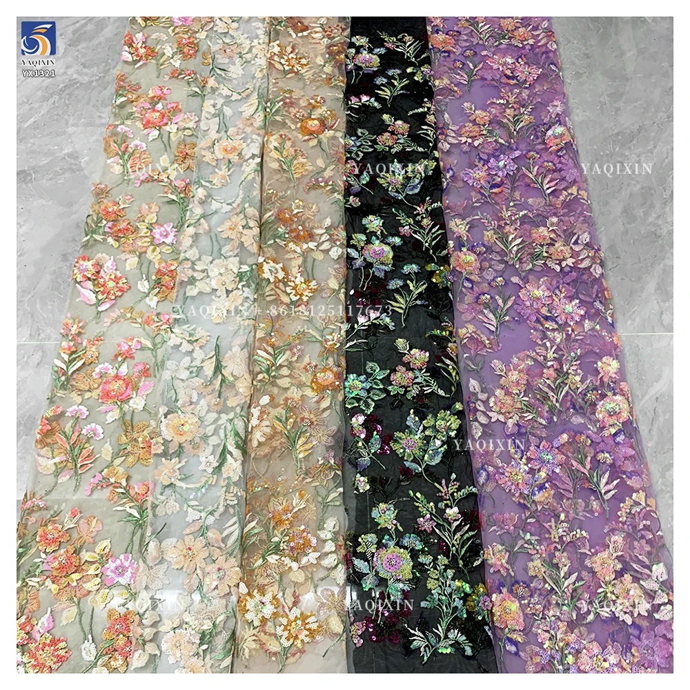 YX1321 Exquisite Embroidered Lace Fabric Heavy Embroidery Pearl Sequin Flowers Chinese Lace Fabric With Beaded Florals - 图片 5
