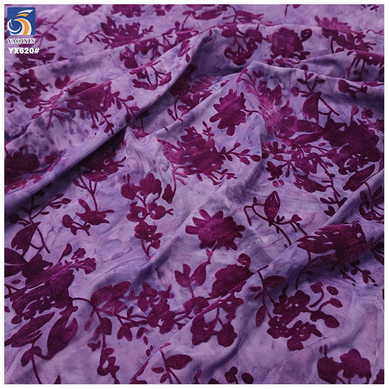 YX620 Factory Supports Custom Noble Purple Chinese Stretch Cheongsam Dress Fabric Elastic Floral Flocked Knitted Fabric - 图片 4