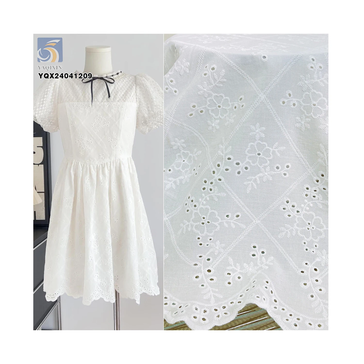 Custom Double Sided Wave Embroidery Soft Lace Swiss Lace Dress White 100%Cotton Embroidery Lace Fabric With Holes