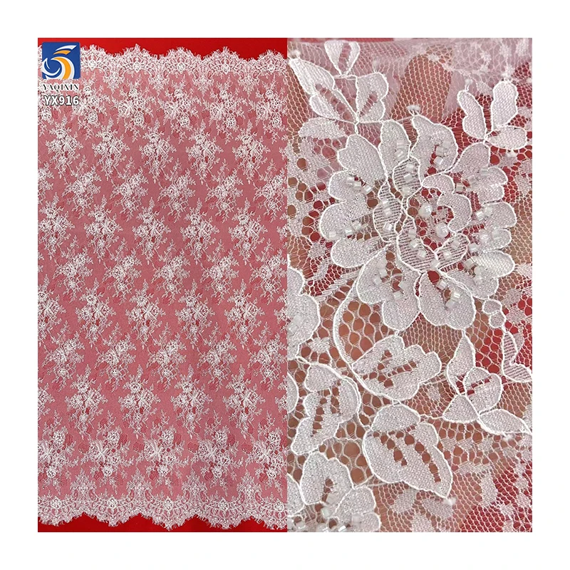 YX916 High-End Elegant White Eyelash Lace Fabric Water-Soluble Lace Fabrics With Bone Thread Heavy Embroidery Beads and Tube