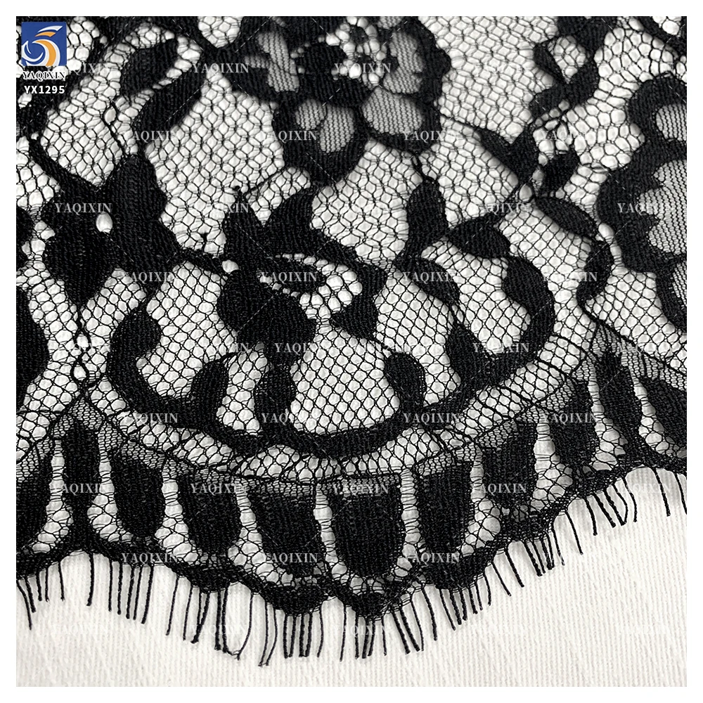 YX1295 2026 New Arrival Polyester Mesh Skirt With Lace Pure Black Eyelash Lace Fabric for Dress Woman Material - 图片 6