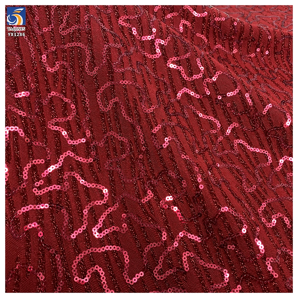 YX1286 240g Bright Red Nylon Stretch Knit Striped Jacquard Fabric With Sequin Embroidery Jacquard Fabric for Woman Dress - 图片 4