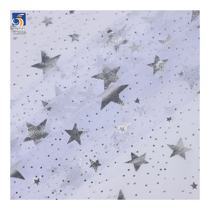 YX910 2026 Rainbow Gradient Tulle Fabric With Gold/Silver Five-Pointed Star Hot Stamping Printed Halloween Fabric for Children - 图片 6