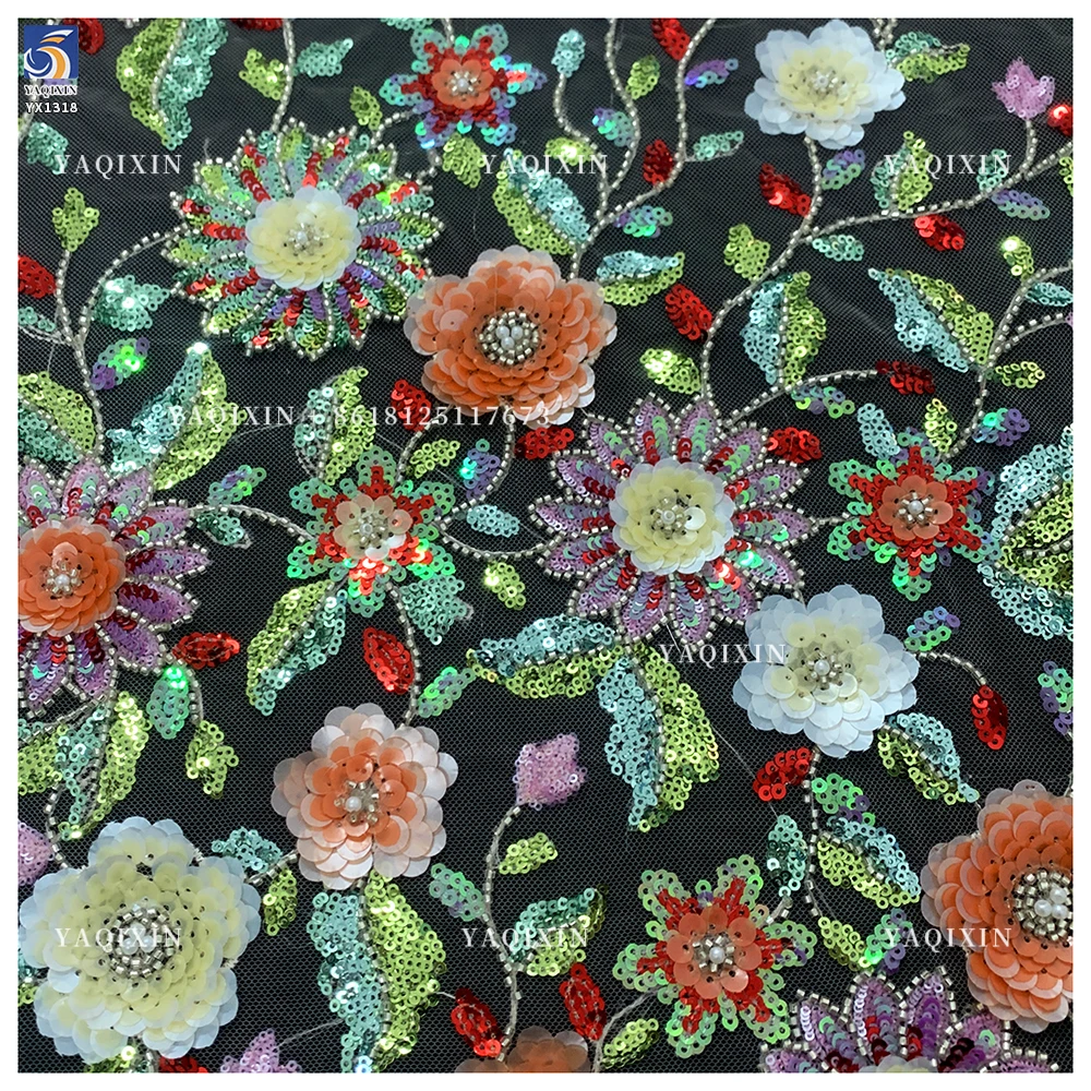 YX1318 Green Colorful Flowers Sequins Heavy Embroidery Mesh Lace Fabric Textiles Lace Fabric Hawaiian Summer Style Lace Dress - 图片 3