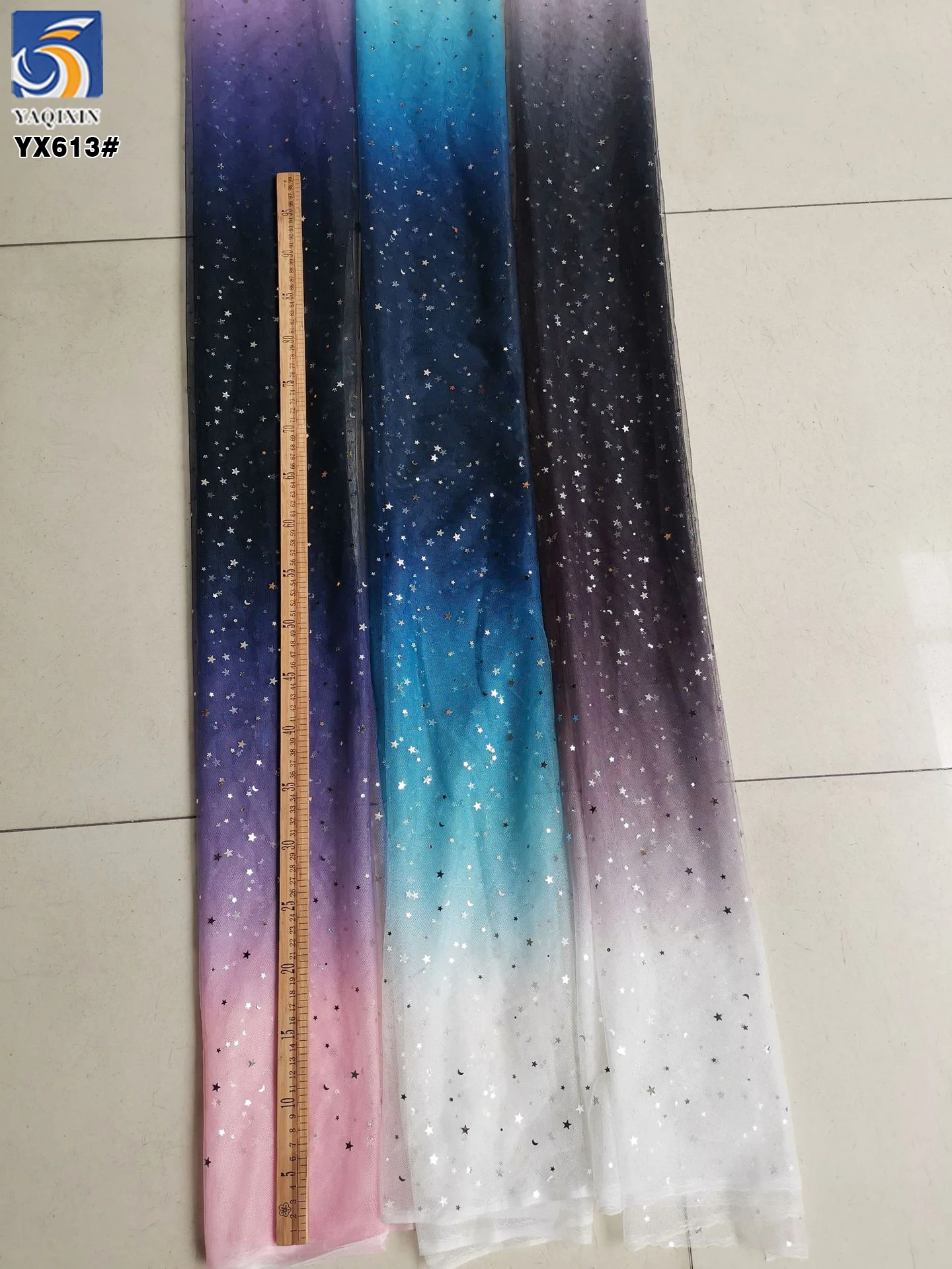 YX613 Beautiful Dark Purple Polyester Ombre Gradient Sequin Princess Skirt Tulle Fabric With Star Sequins - 图片 3