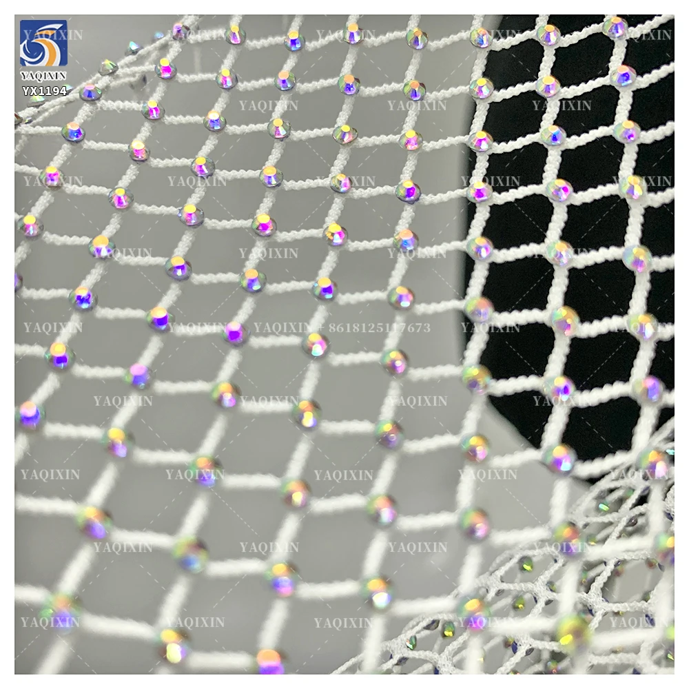 YX1194 2026 New Hot 3D Colored Brilliant Diamonds Stones Stretch Net Mesh Fabric Wholesale by Roll for Dance Skirt - 图片 4
