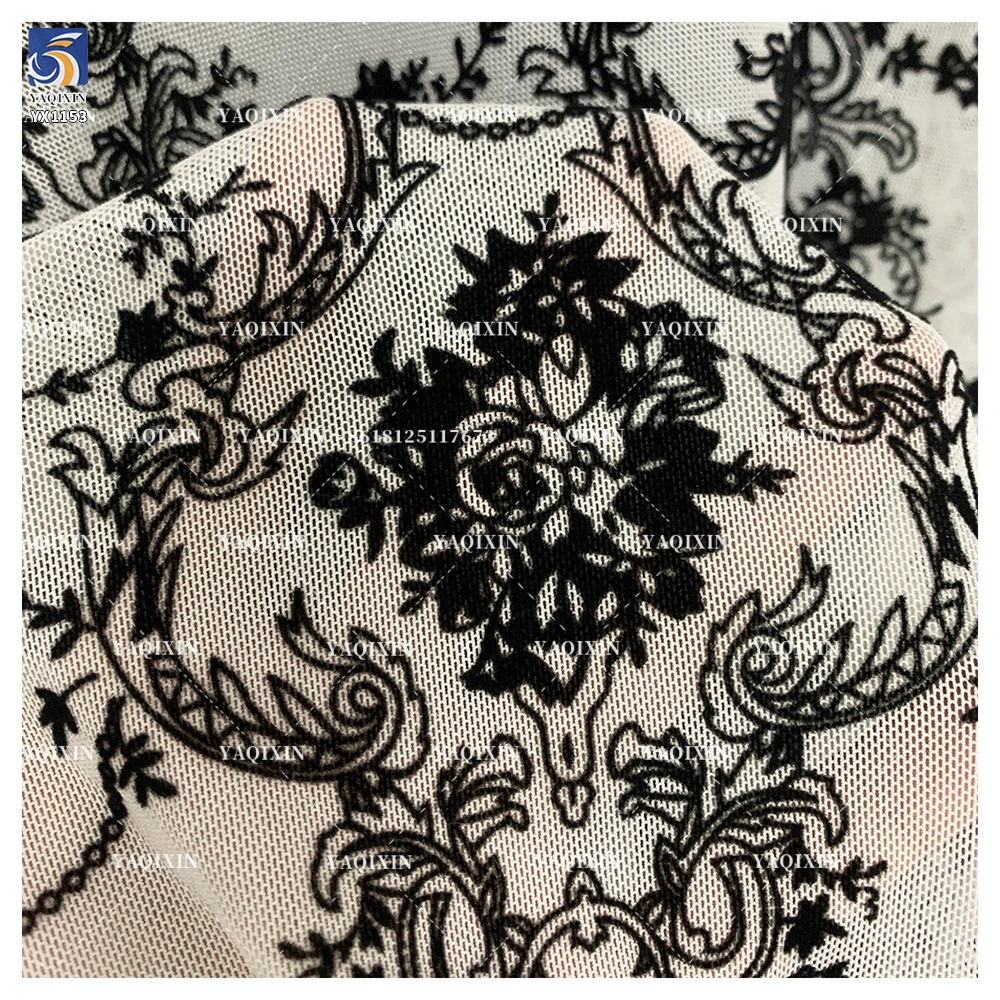 YX1153 High Quality 2026 Four-Way Stretch Spandex Mesh Flock Fabric Custom Patterned Black Flocked Stretch Tulle Mesh Fabric - 图片 5