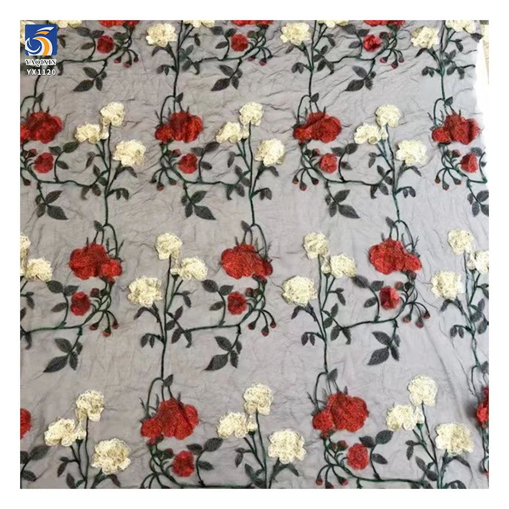 YX1120 Expensive Multi-Color Embroidered Flowers Mesh Fabric Water-Soluble Embroidery Large Roses Tulle Fabric French Parisian - 图片 6