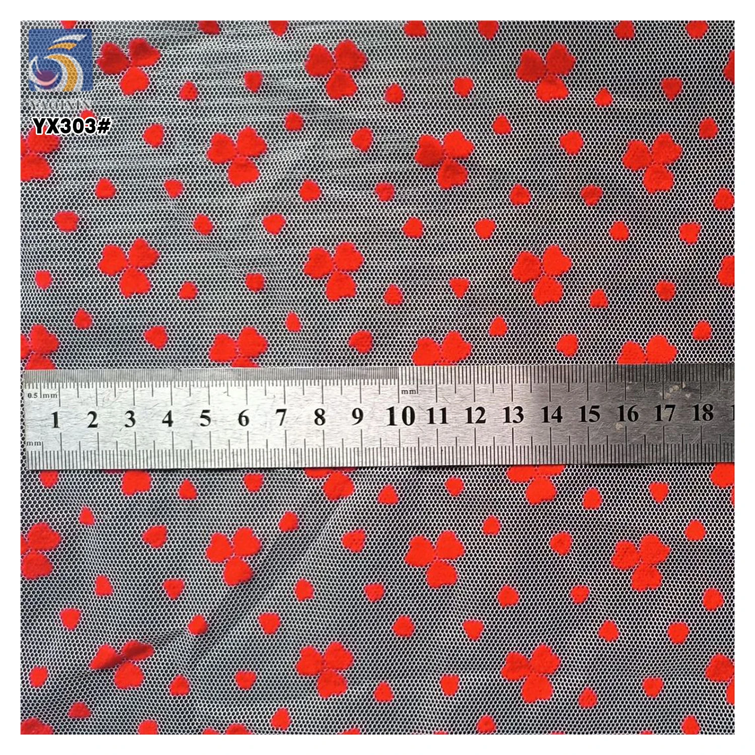 YX303 Ins Hot Style Tulle Fabric Nylon Mesh Flocking Red Love Heart Red Wool Flocked Tulle Fabric for Underwear - 图片 3