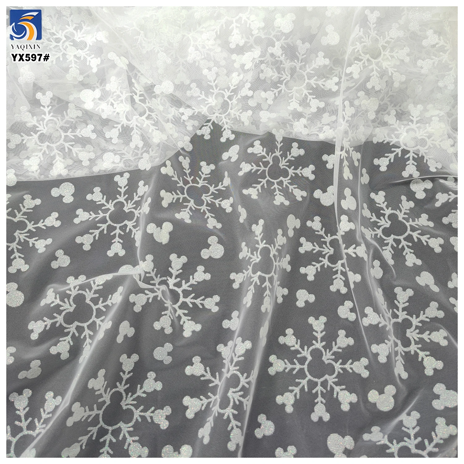 YX597-1 Factory Low Moq Custom Cartoon Glitter Tulle Fabric Mic-key Mouse White Snowflake Elsa Tulle Mesh Fabrics - 图片 6