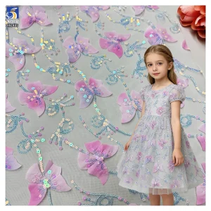 YX1405 New Beautiful Laser Gradient Pink Embroidery 3D Butterfly Mesh Fabric With Sequins and Glitter Girl Dress 3D Tulle Fabric