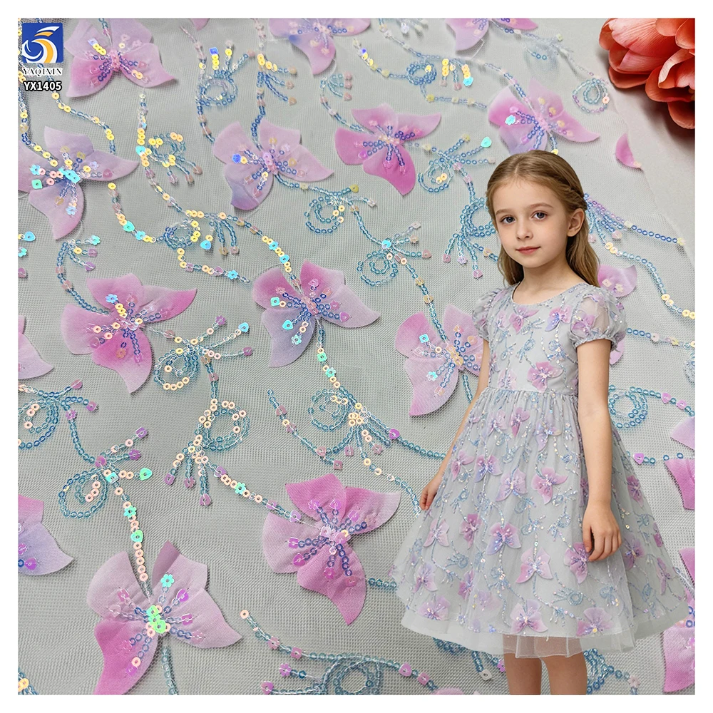 YX1405 New Beautiful Laser Gradient Pink Embroidery 3D Butterfly Mesh Fabric With Sequins and Glitter Girl Dress 3D Tulle Fabric