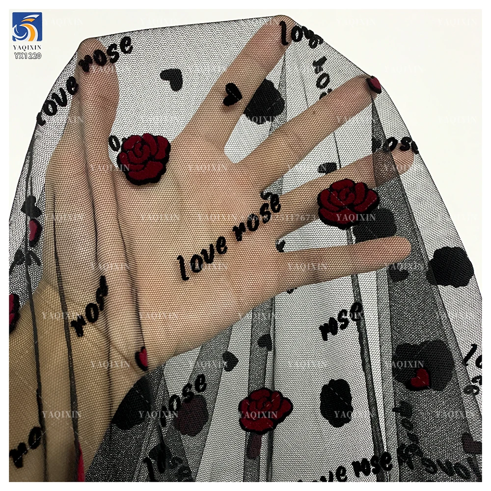 YX1220 French Romantic Mesh Love Rose Valentine's Day Flock Fabrics Knitted Red and Black Florals Flocked Tulle Fabric - 图片 4