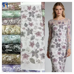 YX1294-2 New 2026 Fashion German Women's Lace Fabric Dyed Florals Embroidered Flash Sequin Lace Fabric for Girl Dance Skirt