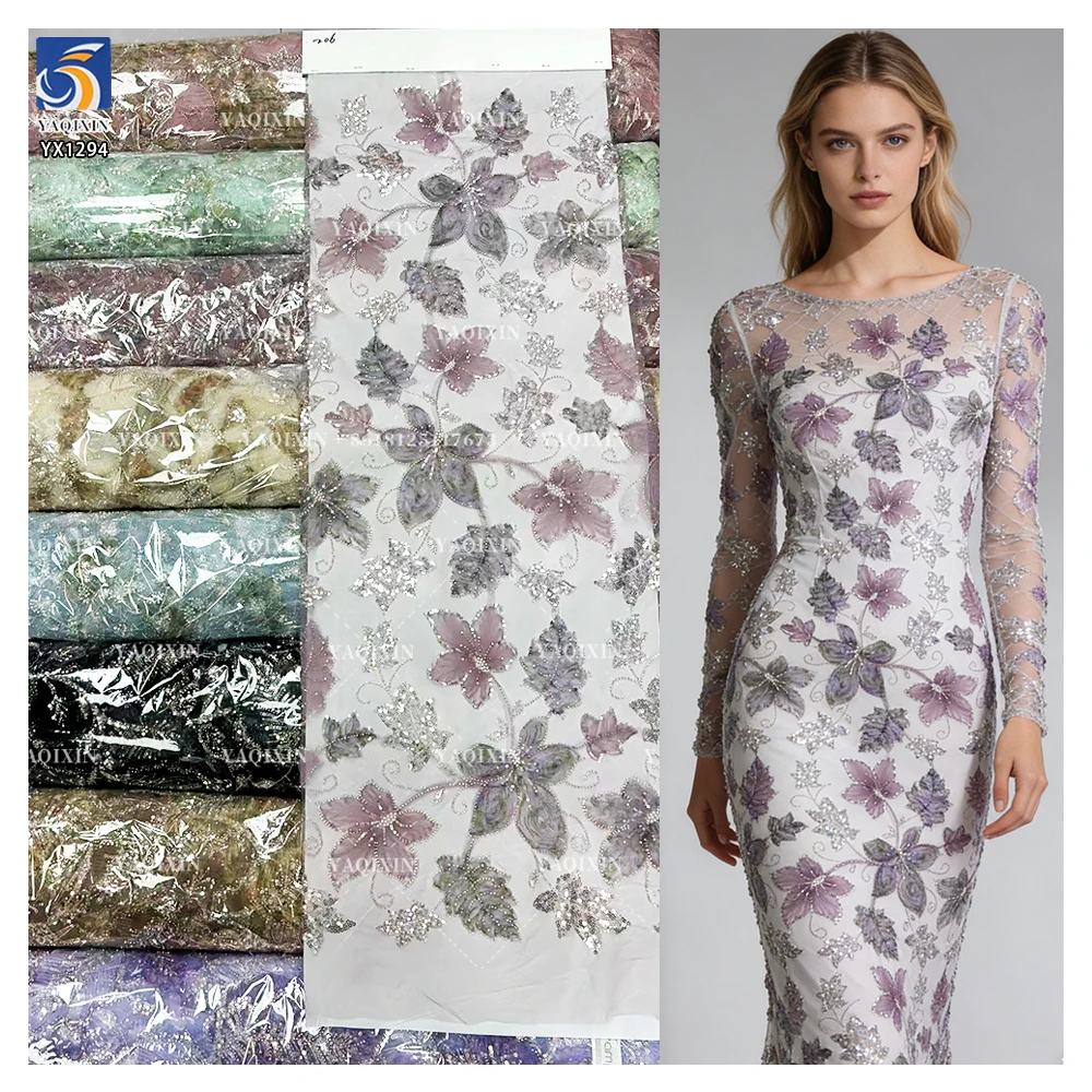 YX1294-2 New 2026 Fashion German Women's Lace Fabric Dyed Florals Embroidered Flash Sequin Lace Fabric for Girl Dance Skirt