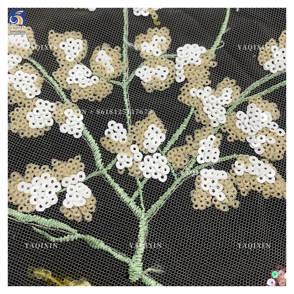 YX1312 Best-Selling Colorful Florals Pattern Beaded Sequin Fabric Lace Diy Custom Heavy Embroidery Flowers Dresses Fabric - 图片 2