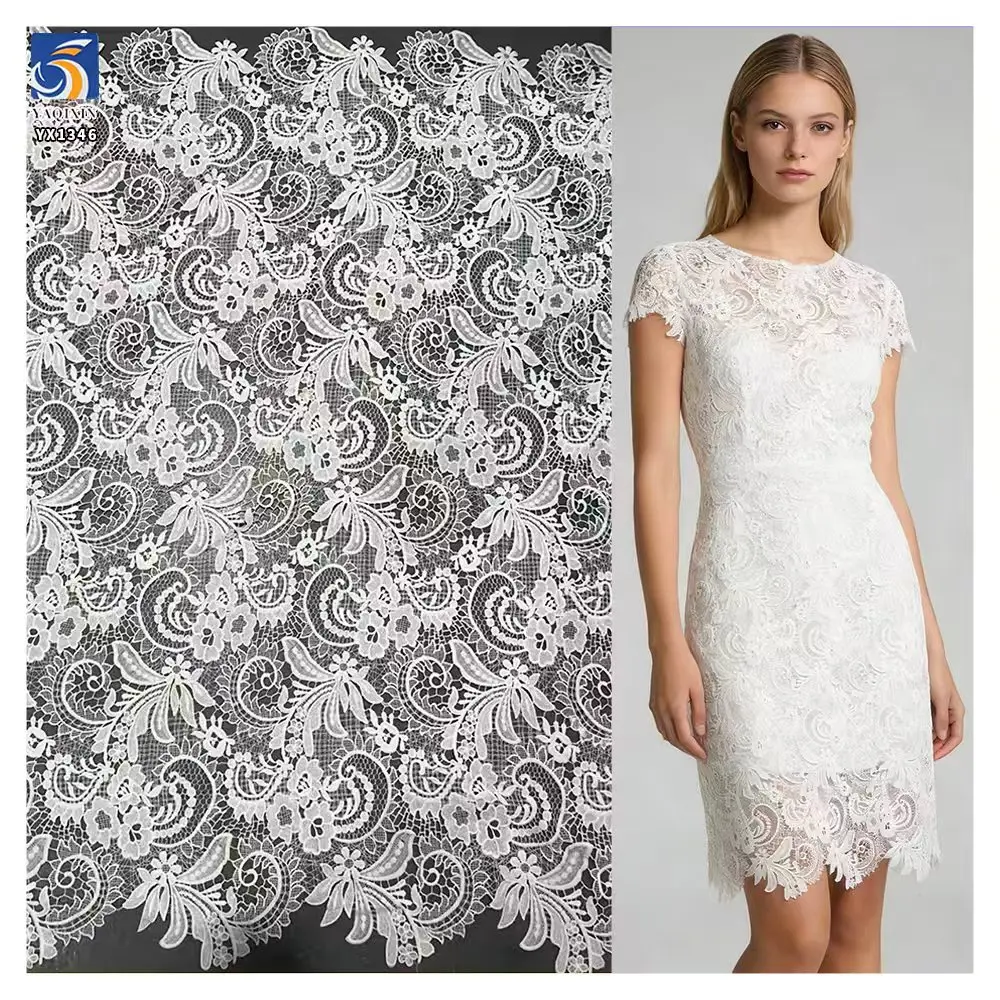 YX1346 130gsm French Fashion Embroidered Lace Fabric High Quality White Water Soluble Lace Embroidery Paisley Lace Fabric