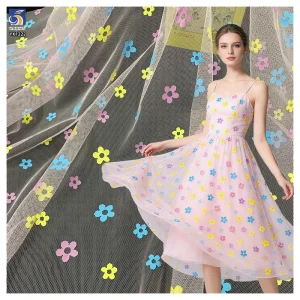 YX1222 2026 Offset Printing Custom Pink/Blue/Yellow Florals Mesh Tulle Fabrics for Girls' Skirts Children's Day Tulle Fabric