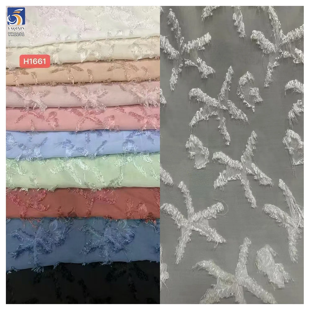 YX1251 Popular in Russia White Tassel Chiffon Jacquard Fabric Feather Design Nylon Jacquard Fabric for Dress Woman - 图片 2