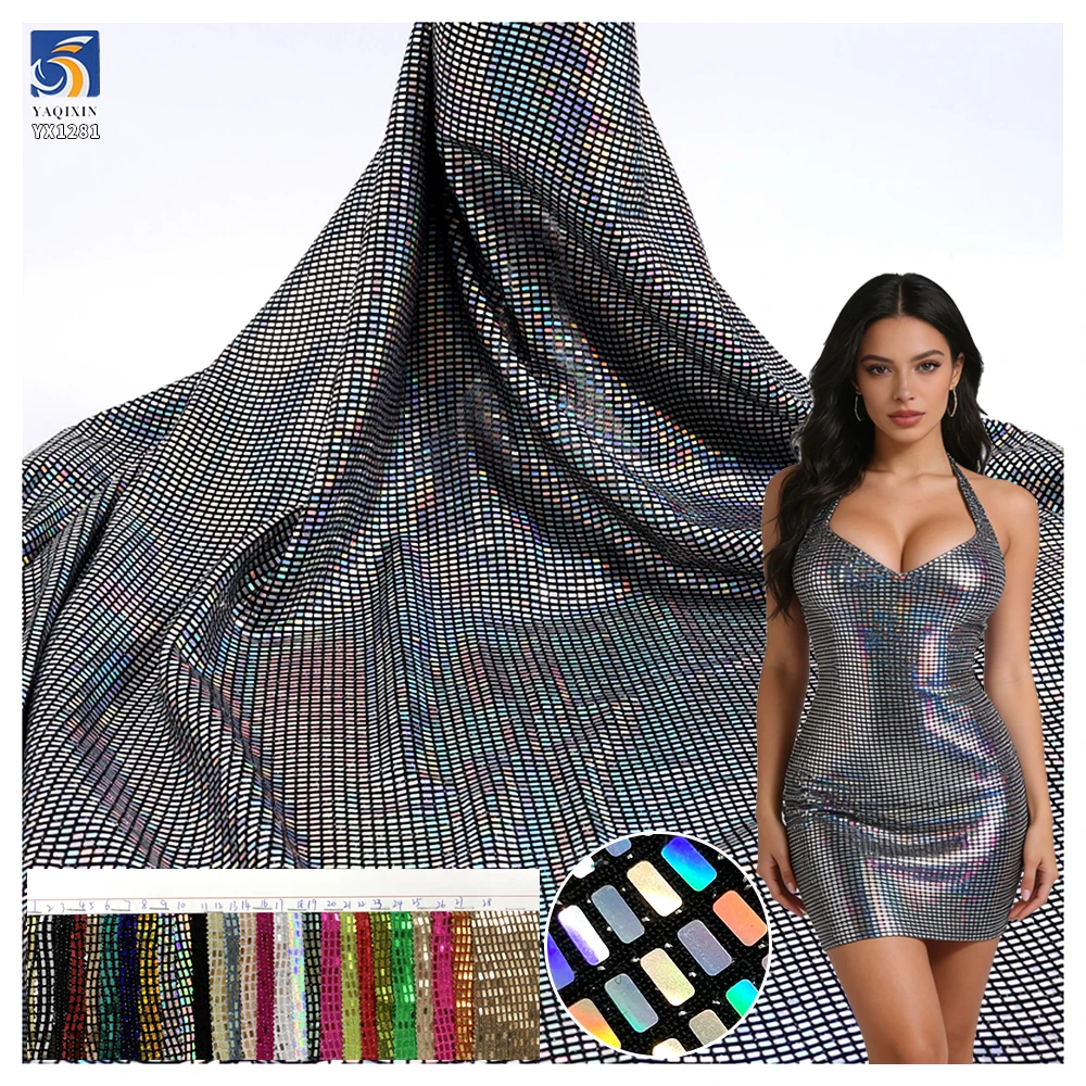 YX1281 150gsm Competitive Price Wavy Square Pattern Sequin Fabric 100% Nylon Knit Stretch Dress Laser Lurex Sequin Fabric
