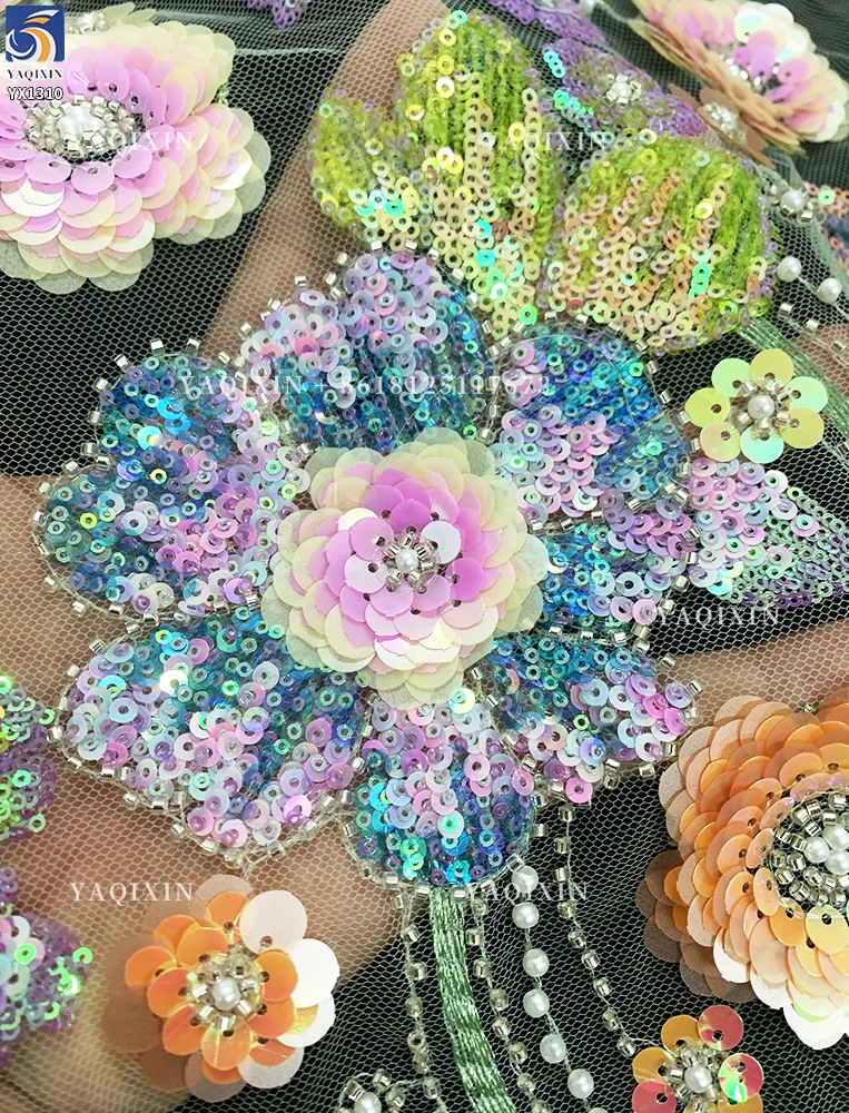 YX1310 Expensive High Quality Glitter 3D Flowers Sequin Embroidered Lace Fabric Custom Summer Costumes Sequin Lace Fabric - 图片 5