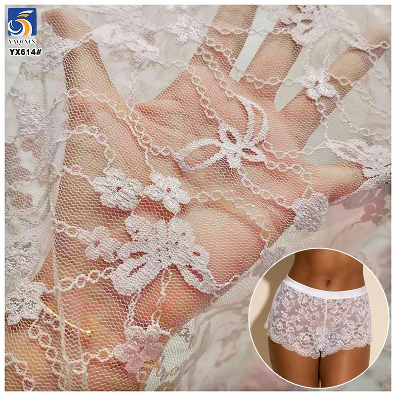 YX614 Cheap Stretch Underwear Lingerie Lace Fabric 80gsm 3D Small Butterfly Stretch Jacquard Mesh Lace Fabric