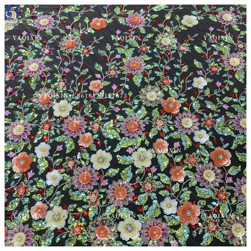 YX1318 Green Colorful Flowers Sequins Heavy Embroidery Mesh Lace Fabric Textiles Lace Fabric Hawaiian Summer Style Lace Dress - 图片 4