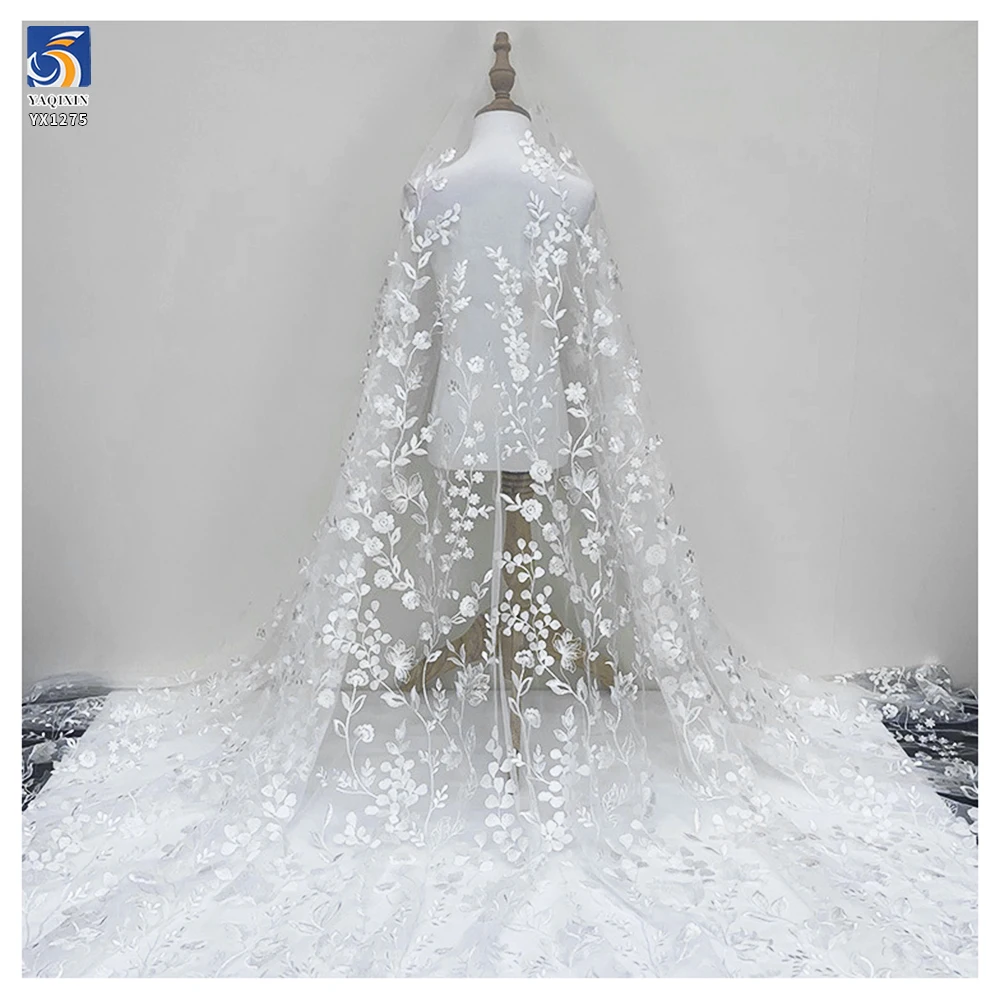 YX1275 130gsm Luxury Florals Embroidered White Wedding Tulle Lace Fabric Water-Soluble Embroidery French Dress Fabric - 图片 2