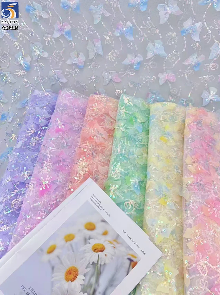YX1405 New Beautiful Laser Gradient Pink Embroidery 3D Butterfly Mesh Fabric With Sequins and Glitter Girl Dress 3D Tulle Fabric - 图片 6