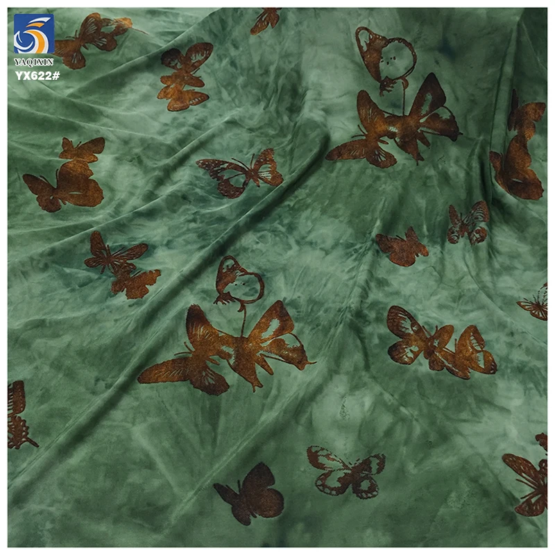 YX622 Dark Green Velvet Hand-Tied Dyed Flocked Butterfly Fabric Cheongsam Flocked Polyester Spandex Stretch Fabric - 图片 3