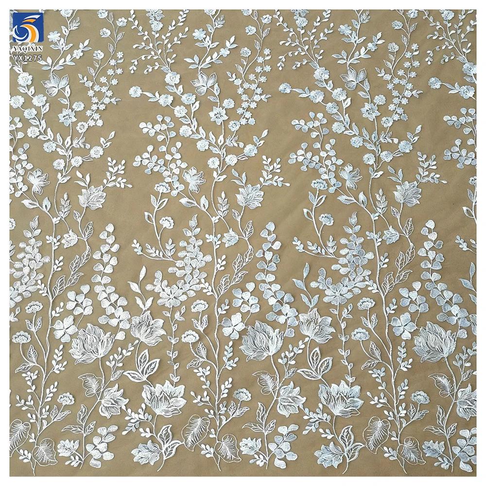 YX1275 130gsm Luxury Florals Embroidered White Wedding Tulle Lace Fabric Water-Soluble Embroidery French Dress Fabric - 图片 6