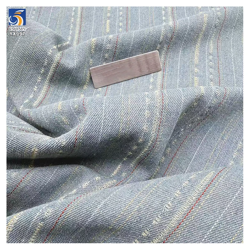 YX997 250g/m² 11oz 75% Cotton 25% Polyester Washed Denim Fabric Vintage-Style Jacquard Cotton Striped Denim Fabric for Pant - 图片 6